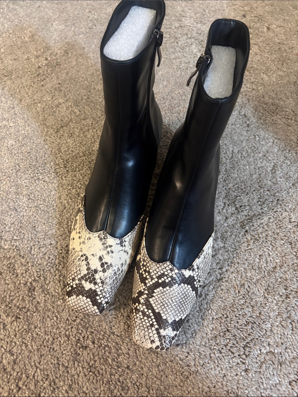 Black Leather Ankle Booties with Snake-Print Toe Vertundy